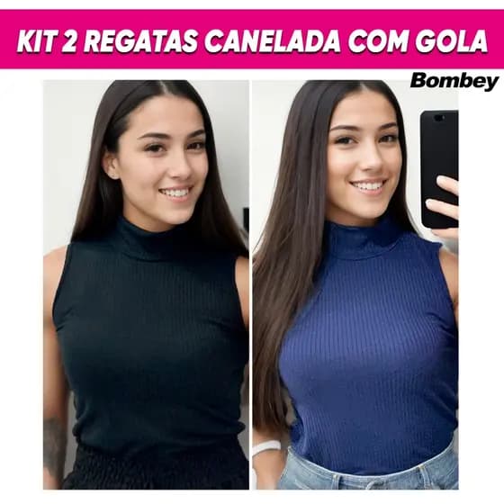 Kit 2 Regatas Feminina Básica com Gola Alta Canelada sem Mangas Blusinha Lisa Bombey
