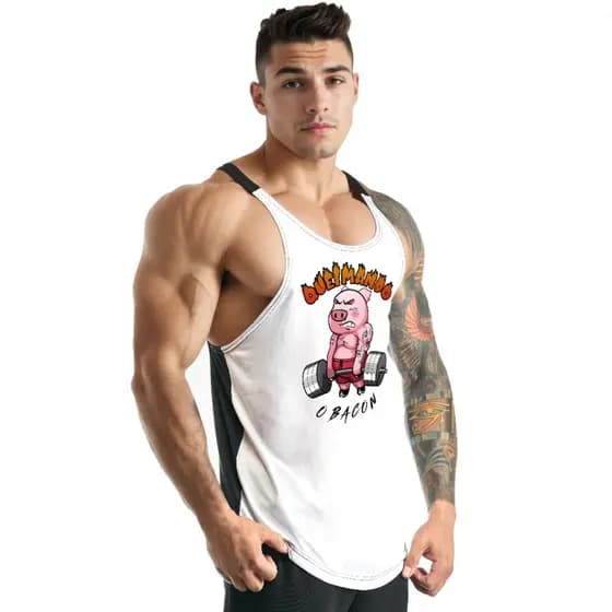 Regata Cavada Masculina em Dry Fit Queimando Bacon com Costas Preta Academia - Bombey