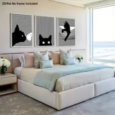 KIT 3 Quadros Gatos Op Art Listras | Decoração Quarto Minimalista Preto e Branco