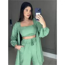 Conjunto Feminino 3 Peças Com Kimono Cropped Calçã Wide Leg Viscose com Elástico