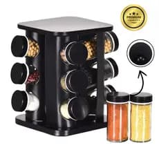 Porta Temperos Giratório 9 Potes Vidro Condimento Tampa Dosador Cor Preto