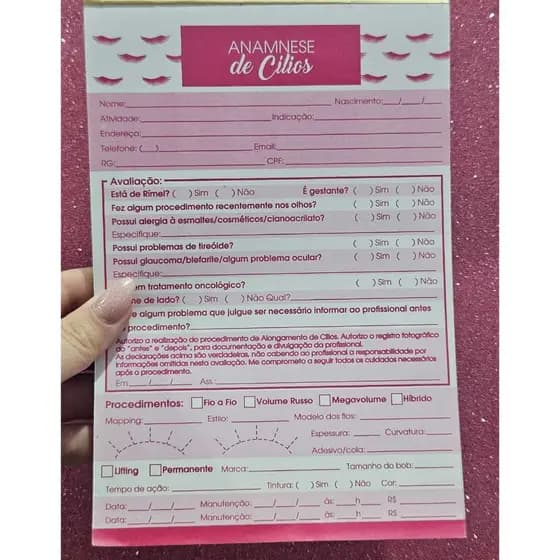Bloco Ficha Técnica Anamnese e Cuidados para Extensão de Cílios 100 Folhas