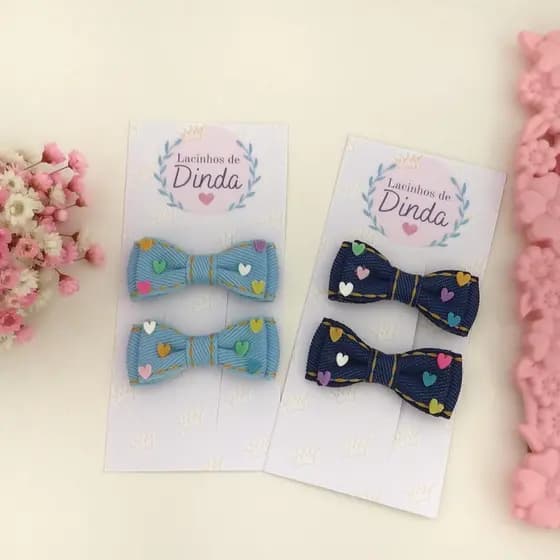 Parzinho Mini lacinho gravatinha jeans com corações (presilha com 3,5 centímetros cada) presilha para bebê
