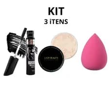 Kit Maquiagem 3 Itens Pó Translucido Lady Beauty, Máscara de Cílios Kyrav Extremo Volume, e Esponja gota