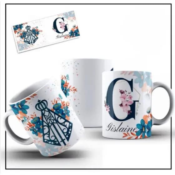 Caneca Personalizada Nossa Senhora Aparecida com Sua Inicial e Nome de Porcelana Fé