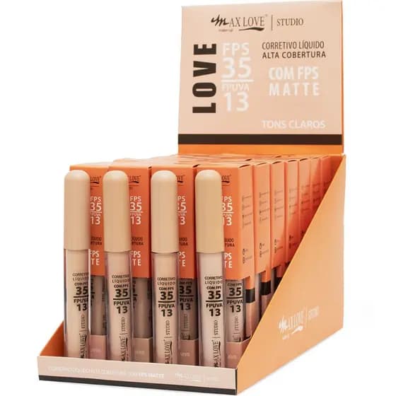 BOX COM 28 UNIDADES CORRETIVO MATTE MAX LOVE FPS 35 — LONGA DURAÇÃO | SORTIDO 100 ao 103