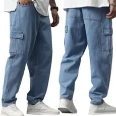 Calça Cargo Jeans e Sarja Modelo Largo Masculina Estilo Skate, Casual Com 6 Bolsos Fechamento em Cordão Moda Unissex