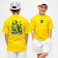 Camiseta Infantil Brasil Com Brasão + Taça Camisa 100% Algodão Malha Confortável