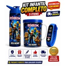 ROBLOX Garrafa Copo e Relógio Digital Infantil - Presente Aniversário - Com Nome da Criança - FULL