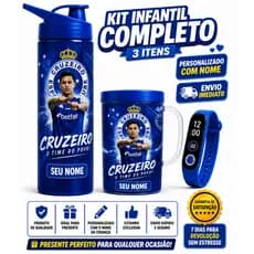 Cruzeiro Garrafa Copo e Relógio Digital Infantil - Presente aniversário Natal Com nome da Criança