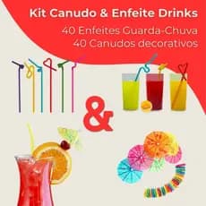 Kit 40 Canudo Decorativo Artístico Flex + 40 Enfeite de Drink Bebidas Guarda - Chuva