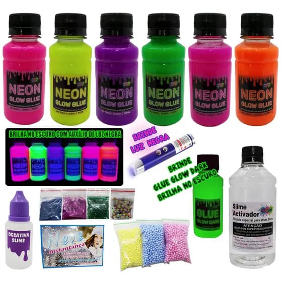 kit slime neon com cola DARK QUE BRILHA NO ESCURO