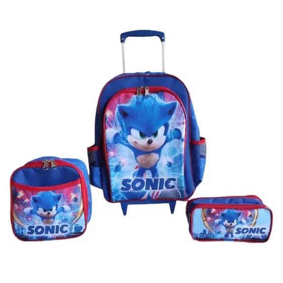 kit mochila de rodinhas infantil Sonic jogo game escolar meninos azul volta as aulas novidade promoção