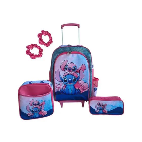 KIT MOCHILA DE RODINHAS STITCH LILO INFANTIL ESCOLAR MENINAS LANCHEIRA TÉRMICA ESTOJO DE DUAS DIVISÕES