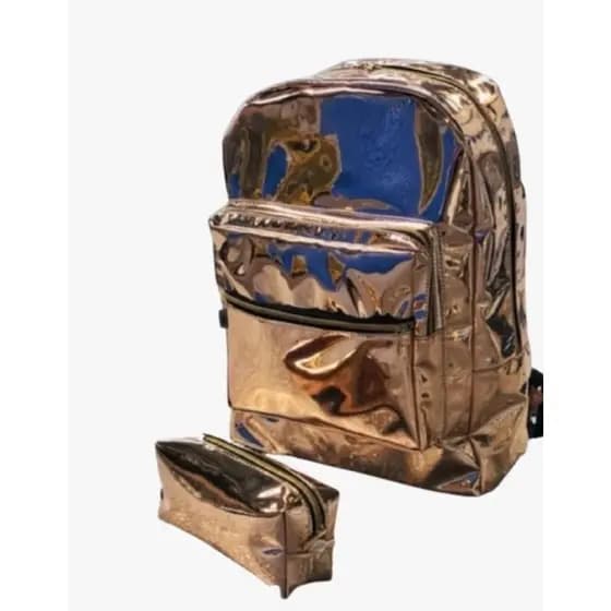 Mochila Holográfica Escolar Juvenil + Estojo Holográfico bolsa ensino médio faculdade menina dourada escolar