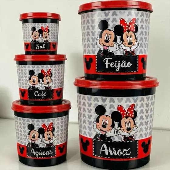 Porta Mantimentos Mickey e Minnie Preto Kit 5 Peças