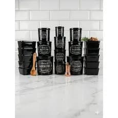 Kit Completo 5 Potes Mantimentos e 10 Pote Plástico Preto Decorado