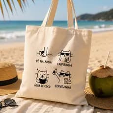 Ecobag Algodão Cru Gato Praia Pé na Areia Bolsa Reutilizável Bolsa de Praia Feminina