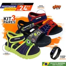 Kit Sandália Papetes Infantil Menino Menina 3 pares + Relógio LED Cabedal em tecido macio e leve