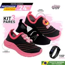 Kit 3 Pares Calce Fácil Slip on Tênis sem cadarço Menina Bichinhos Personagens Emborrachado +Relogio