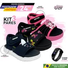 Sandália Papete Kit 3 Pares Infantil para meninas e meninos volta às aulas escolar Tecido com velcro