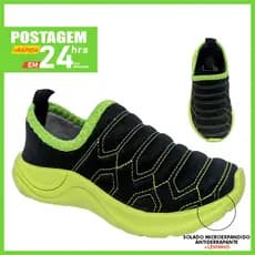 Tenis Infantil Menino Calca Fácil sem cadarço Bordado preto e verde neon macio e levinho