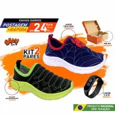 Tênis Infantil Aranha e Preto com Verde Kit 2 Pares Sem Cadarço Aplique Confortável levinho criança