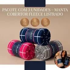 Pacote com 3 Unidades – Manta Cobertor Fleece Listrado 1,80 x 2,00 m (Microfibra Casal)