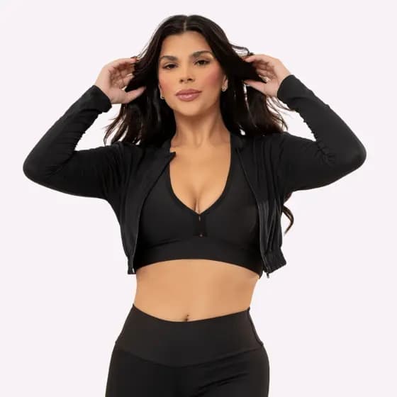 Jaqueta Cropped Fitness Feminina Manga Longa com Zíper Academia Treino - Timtim Fitness