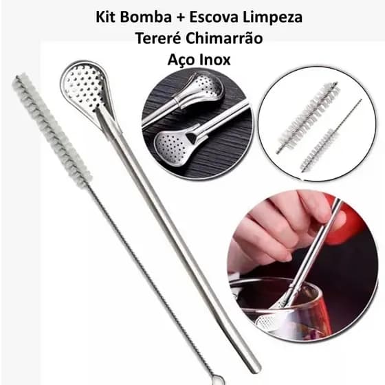 Kit Bomba Pera + Escova Limpeza para Tereré Chimarrão Bebidas Aço Inox Clássica Metal Polido Canudo