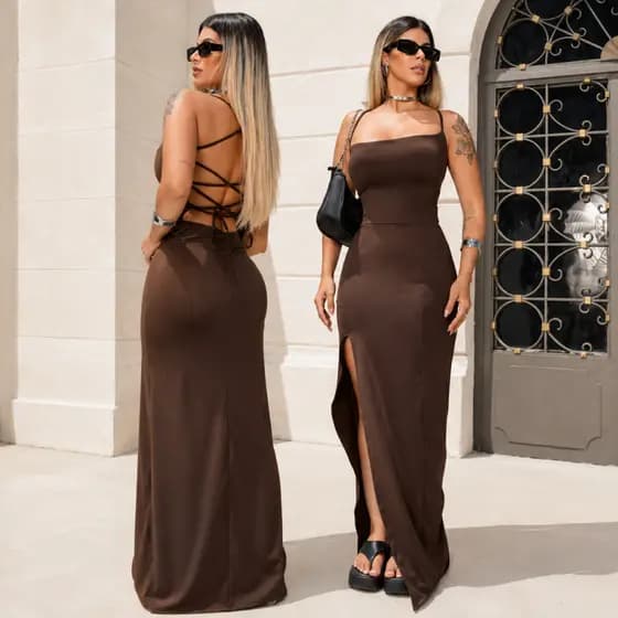 Vestido Elegante Alcinha Longo Empina Bumbum Costa Nua Trançado Com Fenda Lateral Festa Suplex