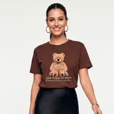 T-shirt Casual Feminina Marrom Escuro Urso Your Dreams Malha Premium com Gola em Ribana