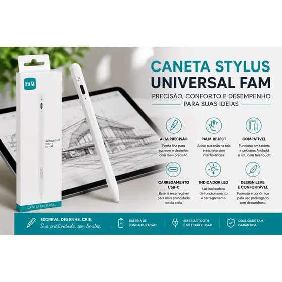Caneta Stylus  FAM para Tablet e Ipad com Palm Reject – Compatível com iPad, Android e iOS