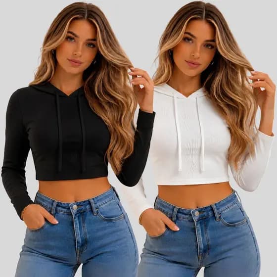 Blusa Cropped Feminina com Capuz e Manga Longa Moda Inverno Confortável Look Casual