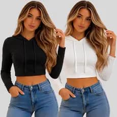 Blusa Cropped Feminina com Capuz e Manga Longa Moda Inverno Confortável Look Casual