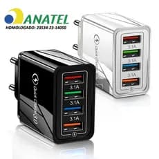 Carregador Turbo QC 3.0 33W + 4 USB Universal Tomada Rápida, Sem impostos, já no Brasil, com ANATEL!