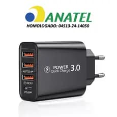 Carregador Turbo QC 3.0 33W + 4 USB Universal Tomada Rápida compativel com Iphone Xiaomi Samsung! Homologado ANATEL