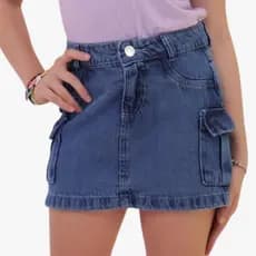 Kit Saia Cargo Jeans Infantil Juvenil Feminina Menina Moda Blogueira Bolso Lateral Verão 10 ao 16