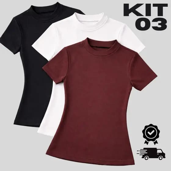 Kit 03 Blusa Feminina Ribana Estilosa Malha Premium Canelado Elegante Casual
