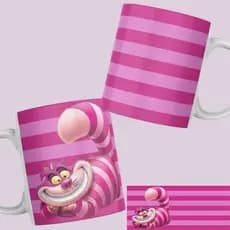 Caneca Personalizada Cerâmica Estampada Alice no País das Maravilhas Gato Sorrinho Gato Risonho Rosa Presente Lembrança Promoção Xícara