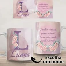 Caneca Personalizada Mulher Virtuosa Com seu nome e Inicial Lilás Roxa Xícara 325ml Branca Cerâmica