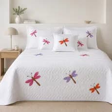 Kit Colcha Cobre Leito Bordado Libelula Colorida Casal Padrão e Queen Size 03 Peças Matelado Cama Box - Cor Branco