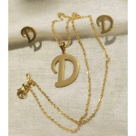 Colar + Pingente + Brinco Letra D Aço Inoxidavel Banhado a Ouro