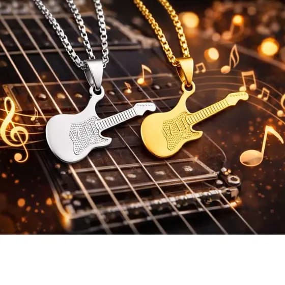 Pingente Guitarra Rock Banhado a Ouro ou Prateado Aço Inoxidável + Colar