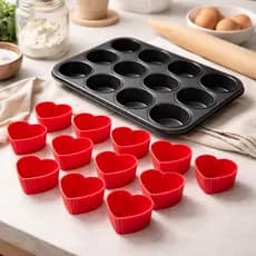 Forma Cupcake Antiaderente + 12 Forminhas Silicone Kit Assadeira Teflon Grande Pão de Queijo Muffin Petit Gateou