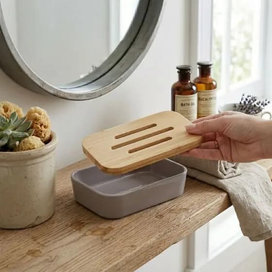 Saboneteira para Banheiro Bambu e Plástico Porta Sabonete Barra Branco Cinza Pia Lavabo Luxo