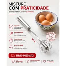 Batedor de claras semiautomático em inox  prático  resistente e ideal para ovos massas e cremes.