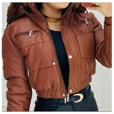 Jaqueta Puffer Cropped Feminina Couro Fake Grossa e Forrada Iverno Com Capuz Removivel