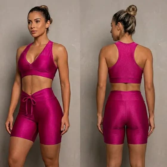 Conjunto Fitness Top+ short fitness canelado poliamida