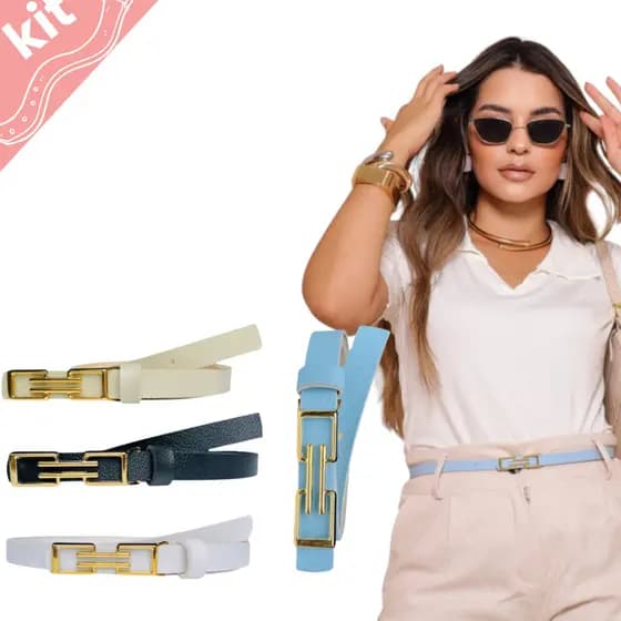 KIT 4 Cintos Femininos Fino 1.5cm Elegante Vestido Alfaiataria Fivela Dourado Ajustável Slim e Plus Size - Eva